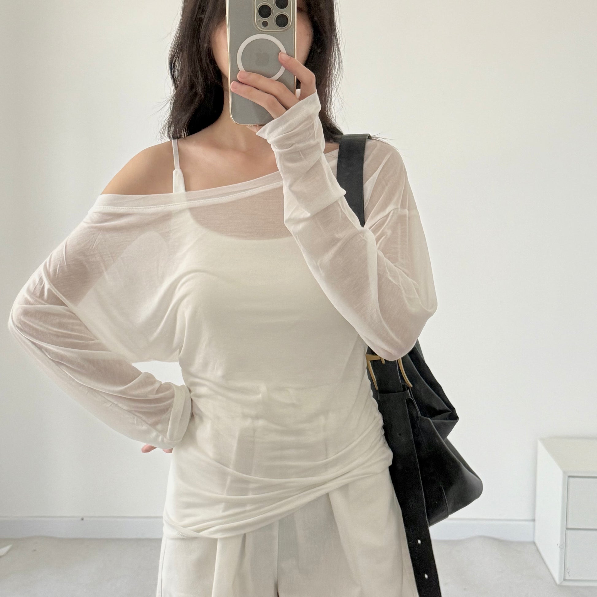 Tencel Thin Long Sleeve Shirt + Top Bra 冰丝微透斜肩罩衫+背心套 （JUL2502）