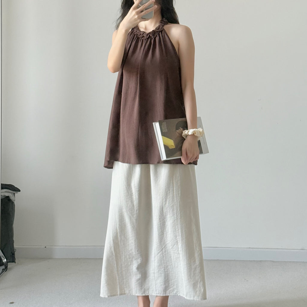 AUG25111 A字挂脖亚麻小衫背心 A-Line Halter Linen Top