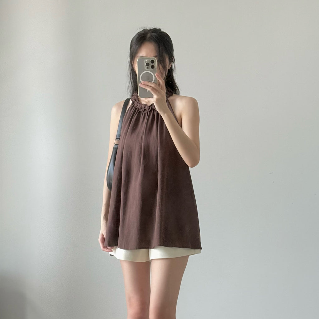AUG25111 A字挂脖亚麻小衫背心 A-Line Halter Linen Top