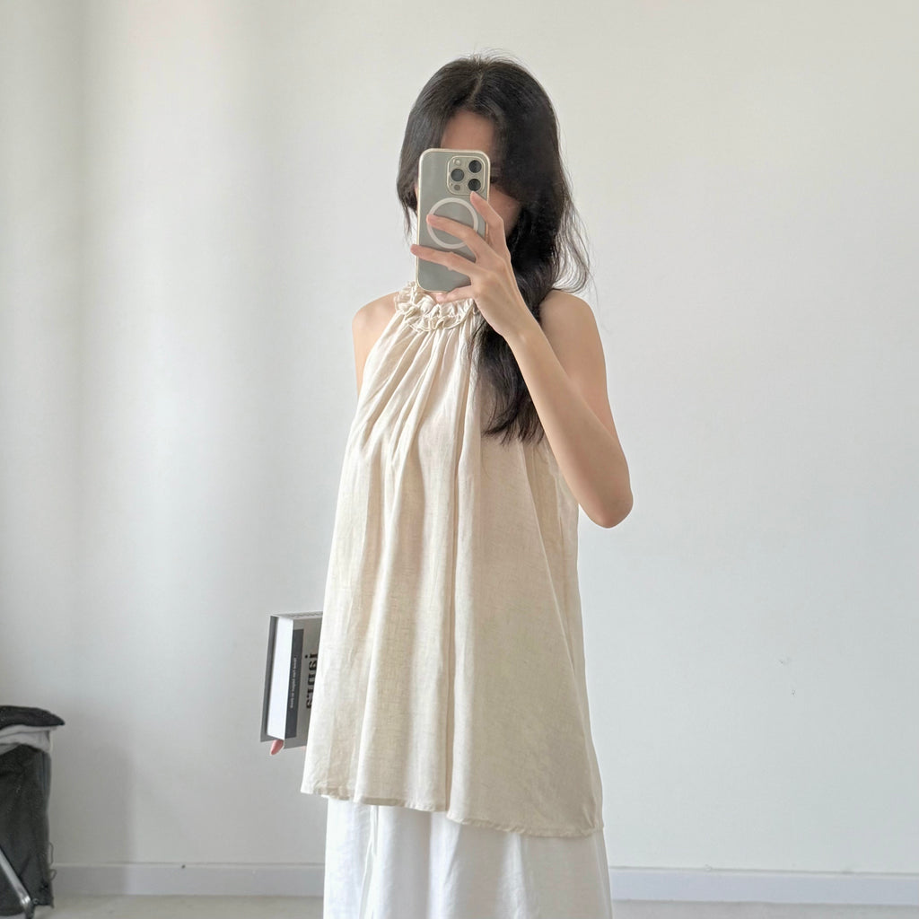AUG25111 A字挂脖亚麻小衫背心 A-Line Halter Linen Top
