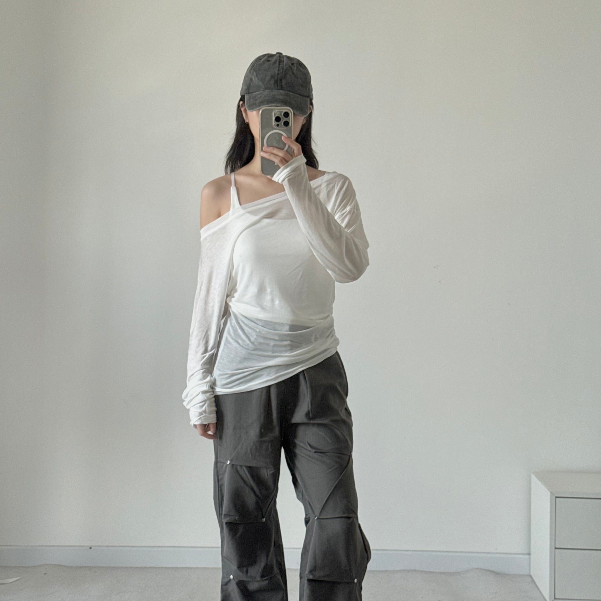 Tencel Thin Long Sleeve Shirt + Top Bra 冰丝微透斜肩罩衫+背心套 （JUL2502）