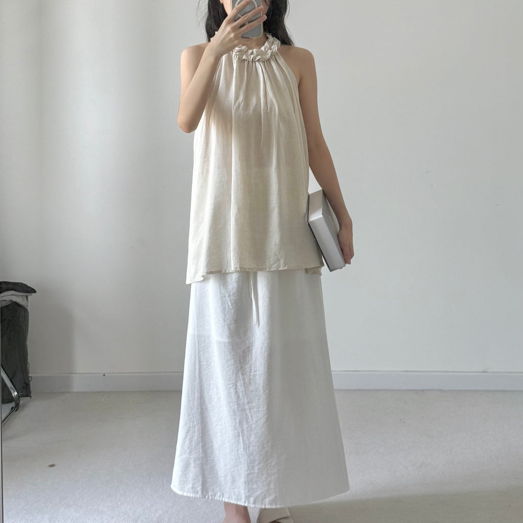 AUG25111 A字挂脖亚麻小衫背心 A-Line Halter Linen Top