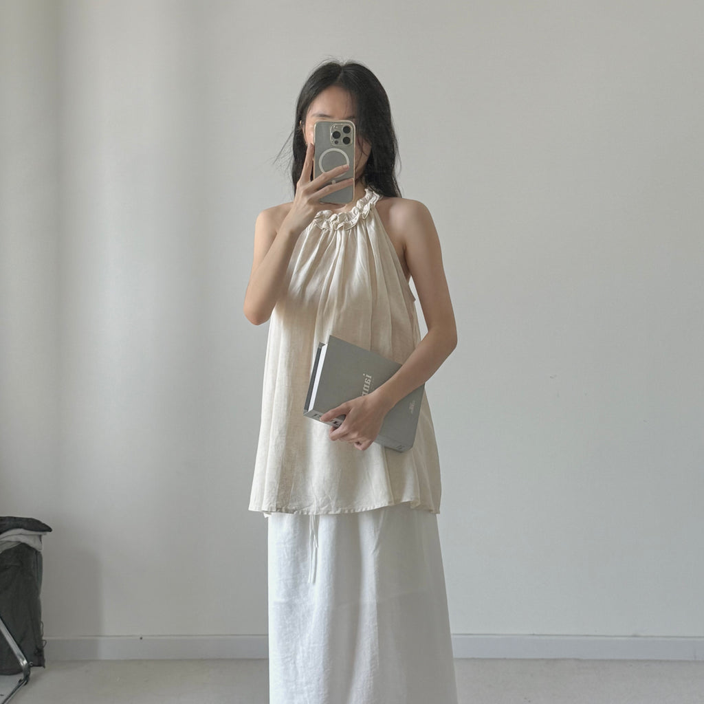 AUG25111 A字挂脖亚麻小衫背心 A-Line Halter Linen Top
