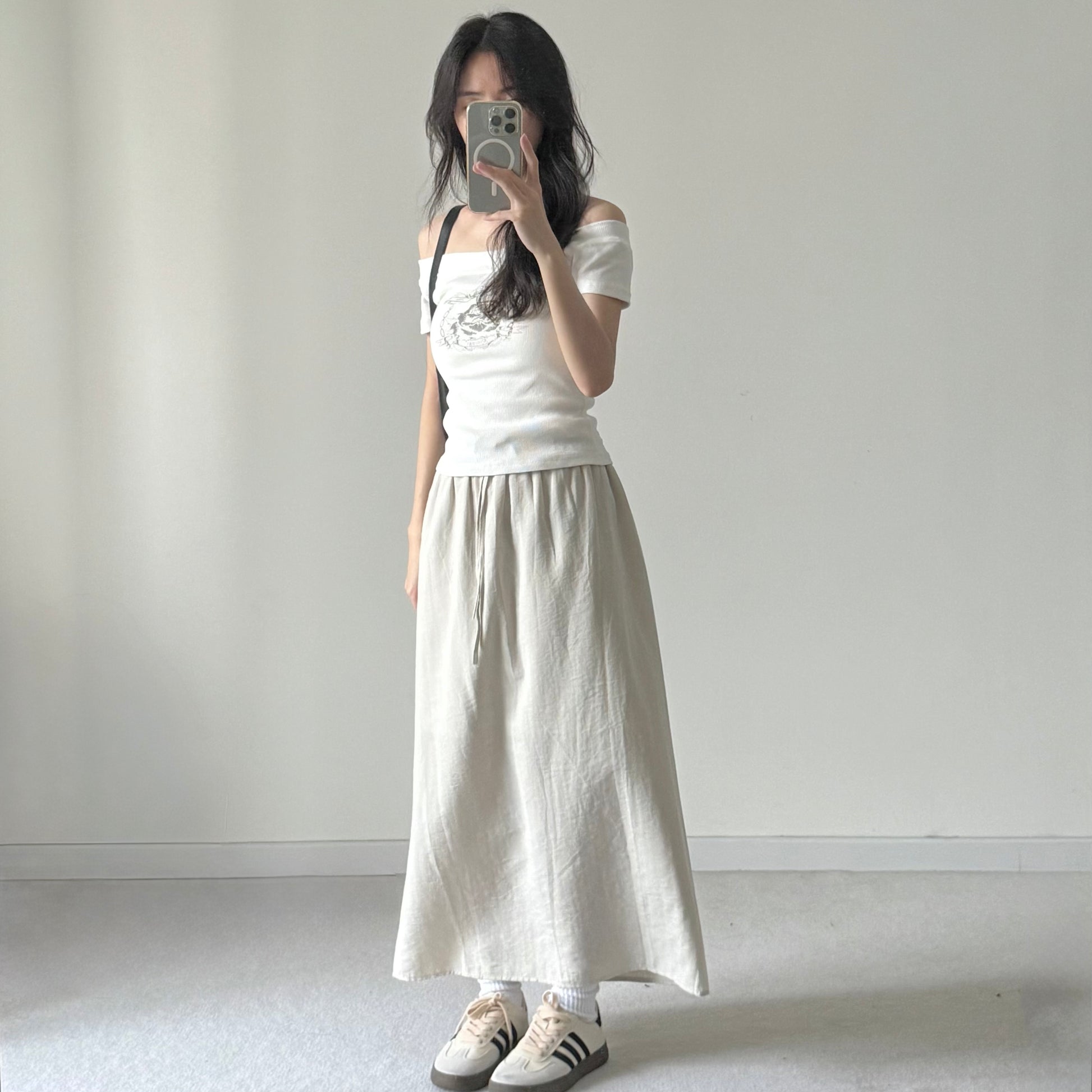 AUG25133 棉麻抽绳质感半身裙 Comfy Cotton Linen Skirt